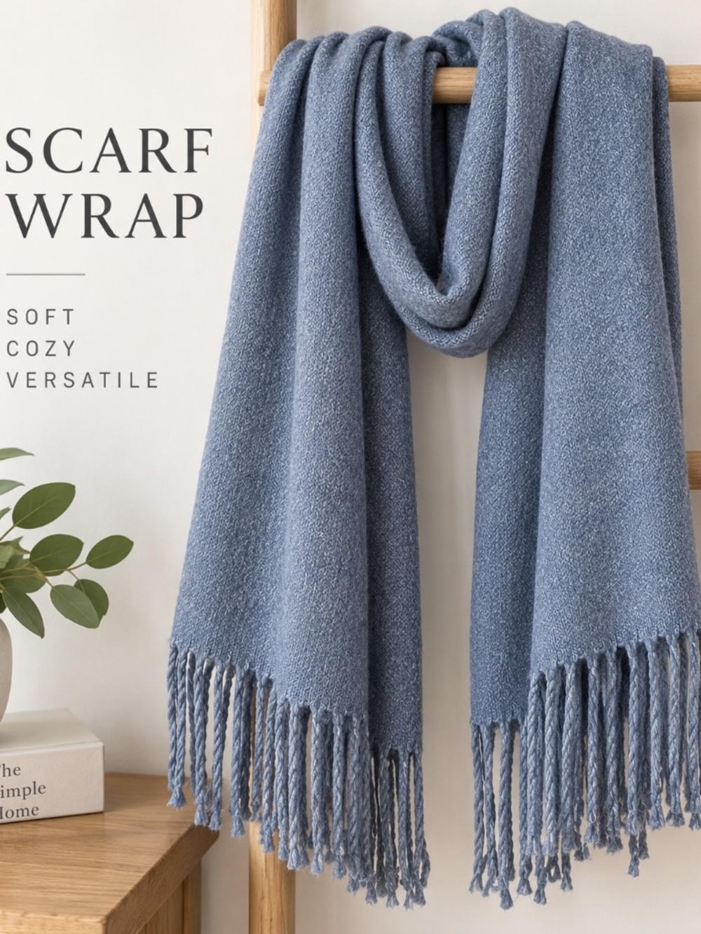 Soft Blue Oversized Scarf Wrap with Fringe